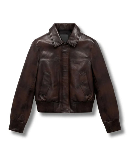 Women Biker Leather Bomber Jacket Dark Brown