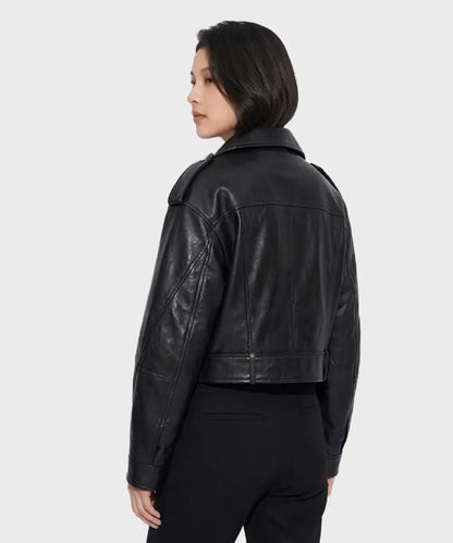 Womens Black Biker Cropped Leather Jacket