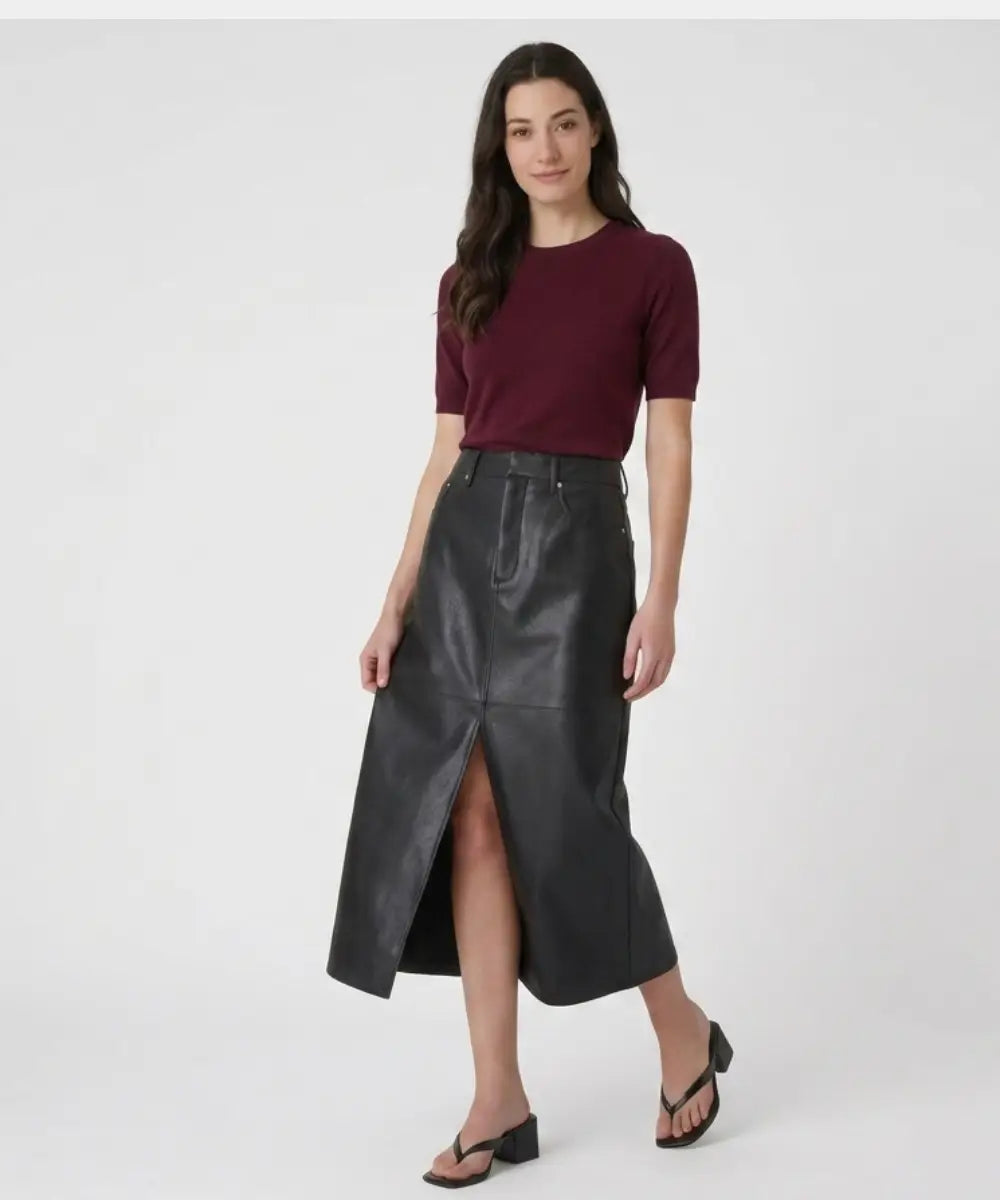 Women Black FauxLeatherMidiSkirt