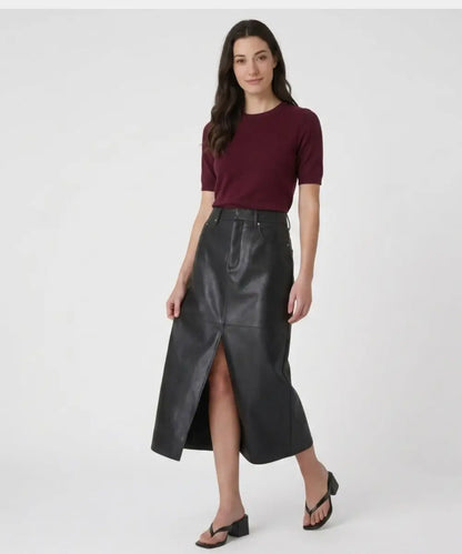 Women Black FauxLeatherMidiSkirt