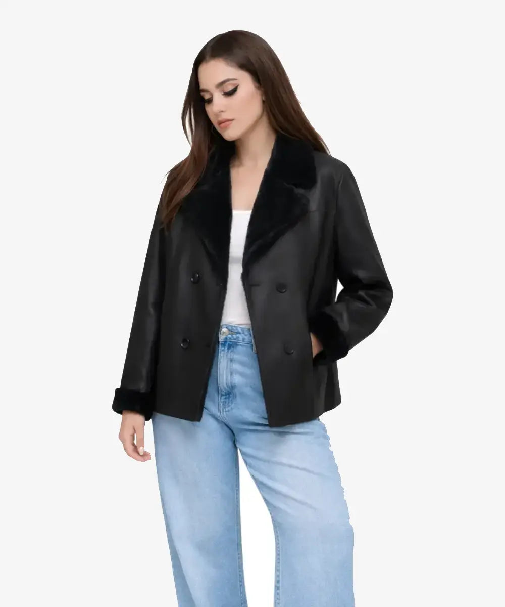 Women Black  Shearling Lined Leather Jacket