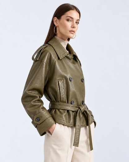 Women_Green_Belted_Leather_Faux_Trench_Coat