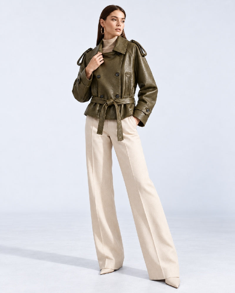 Women_Green_Belted_Leather_Faux_Trench_Short_Coat
