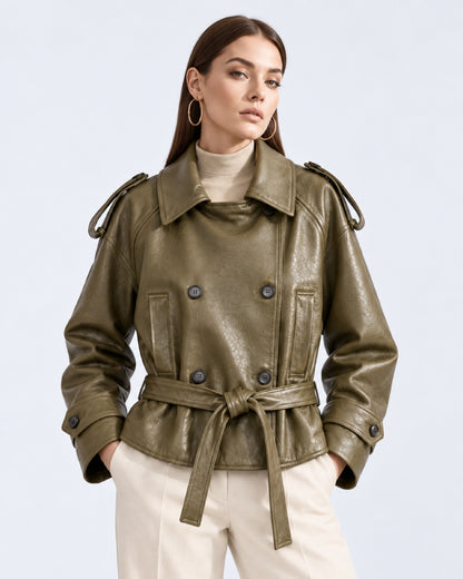 Women_Short_Green_Belted_Leather_Faux_Trench_Coat