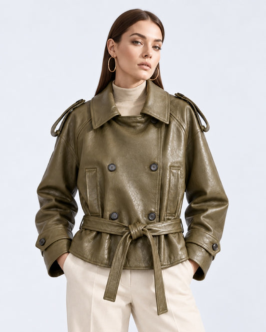 Women_Short_Green_Belted_Leather_Faux_Trench_Coat