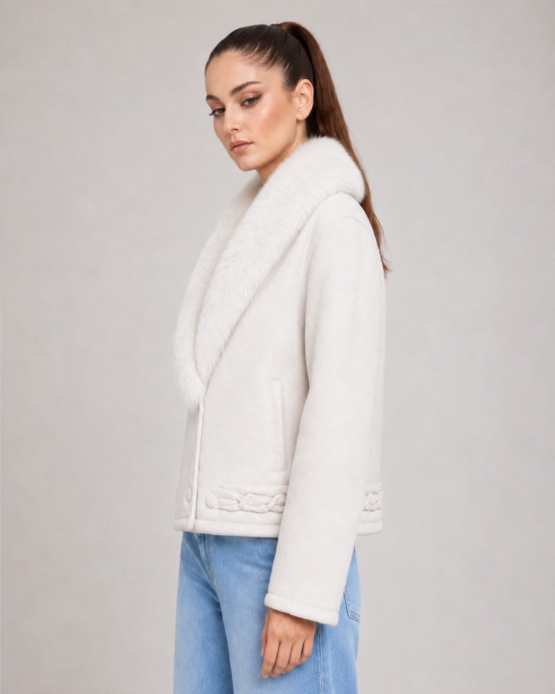 Snowfall White Fur Suede Leather Jacket