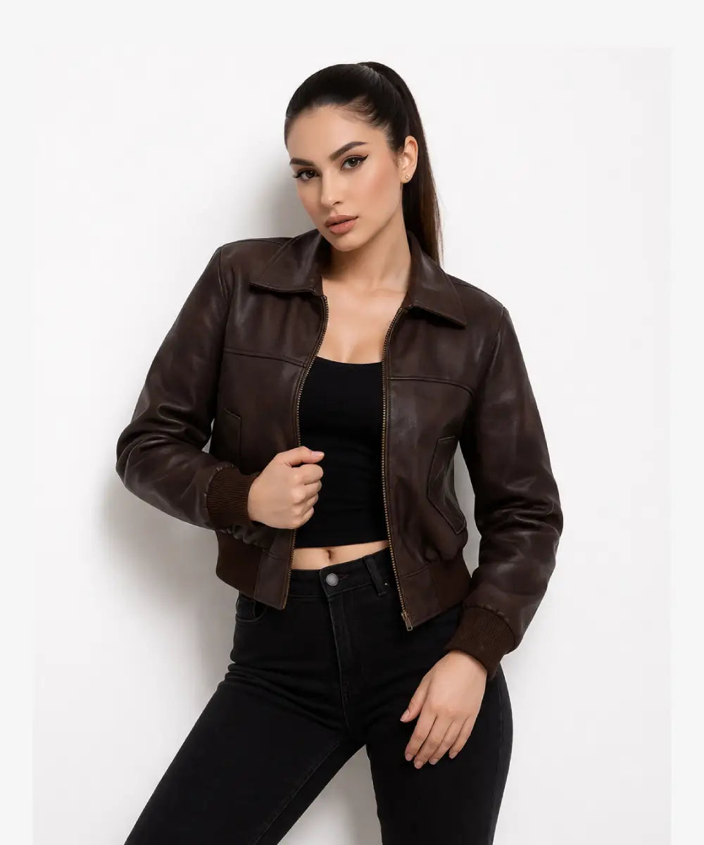 Women Vintage Dark Brown Leather Fitted Biker_Jacket