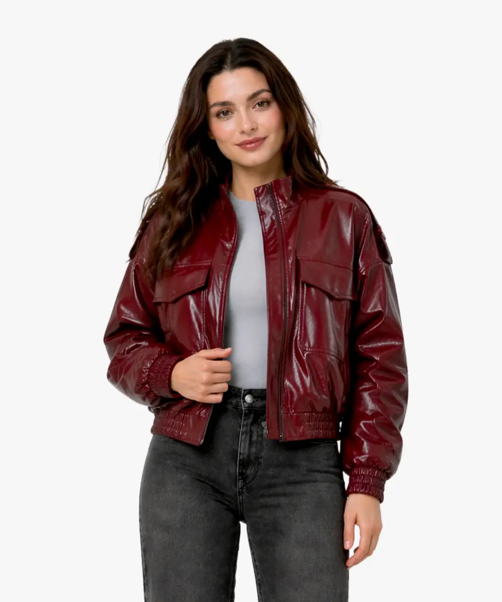 Women_sLimitedEditionShortLeatherEffectJacket-Maroon