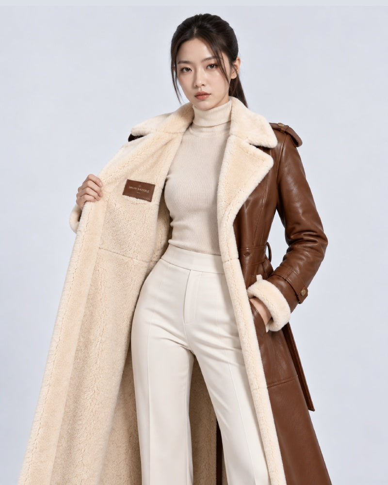 Women’s Brown Shearling Leather Belted Trench Coat