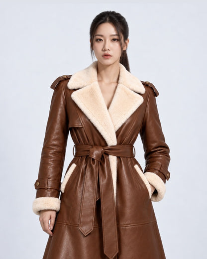 Women’s Brown Shearling Leather Belted Trench Coat