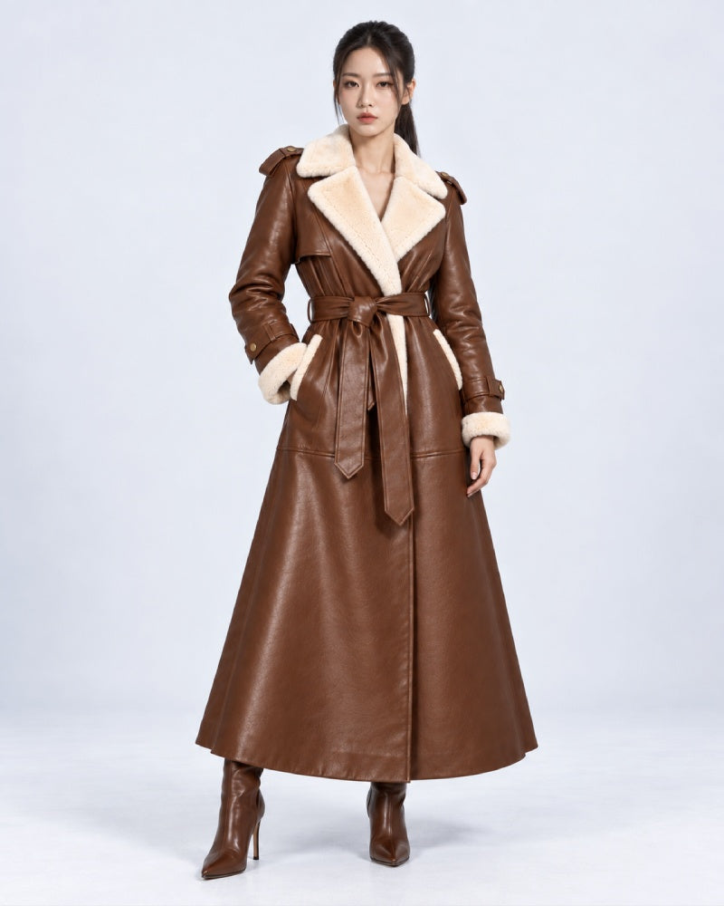 Women’s Brown Shearling Leather Belted Trench Coat