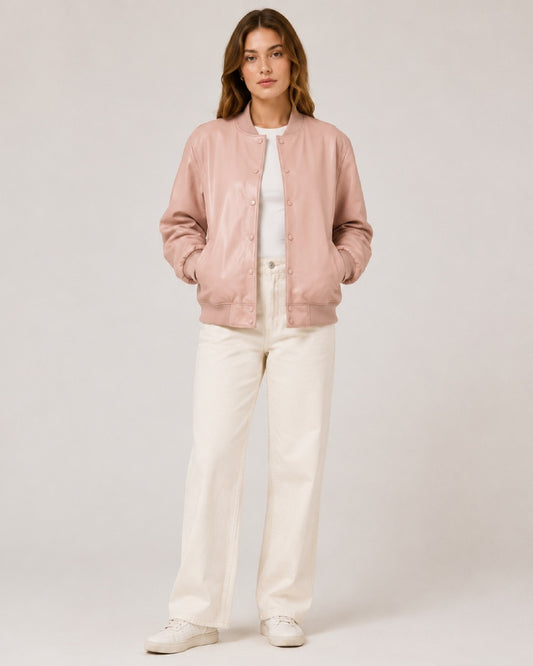 Women_sMinimalistSnap-ButtonBlushLeatherBomberVarsity-StyleJacket