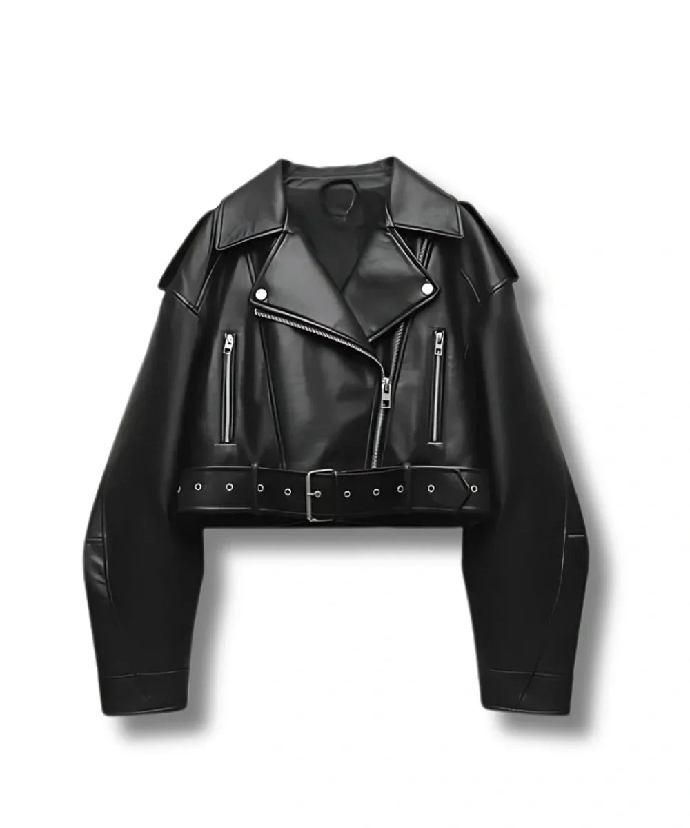 Women's Black Cropped Leather Bomber Jacket