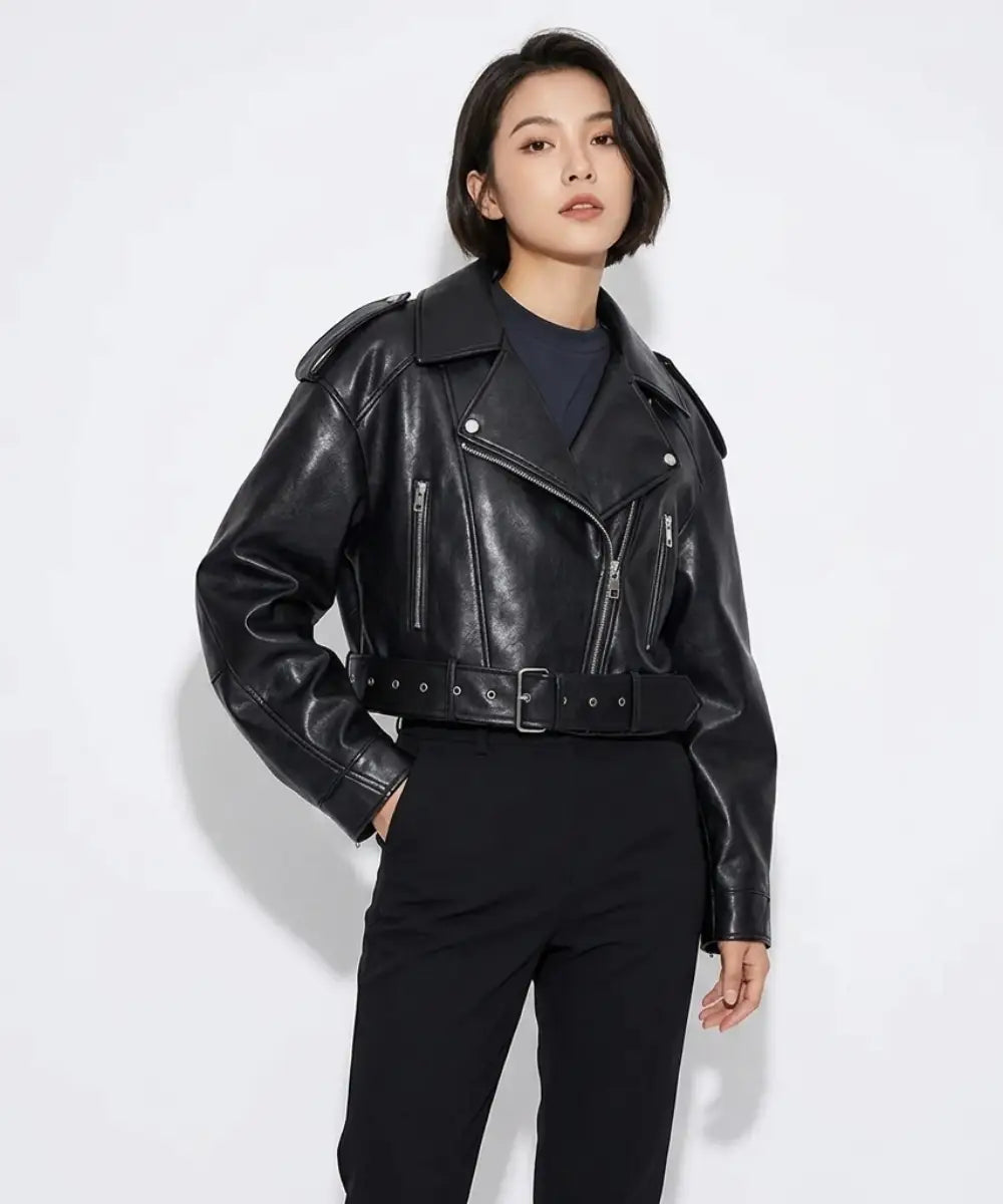 Womens Black Cropped Leather Jacket