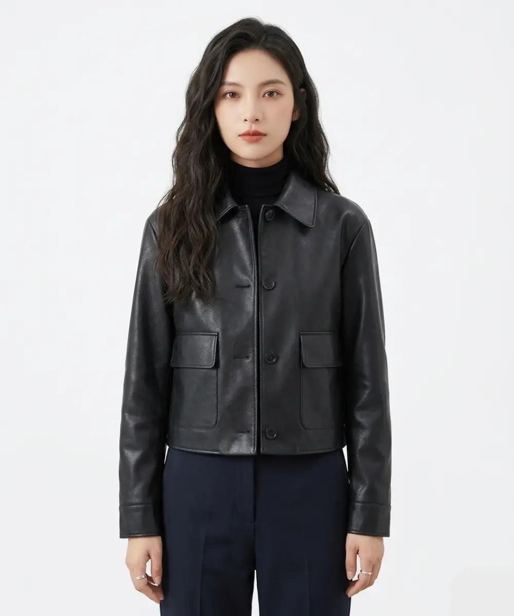 Women s Black Plain Biker LeatherBomber Jacket