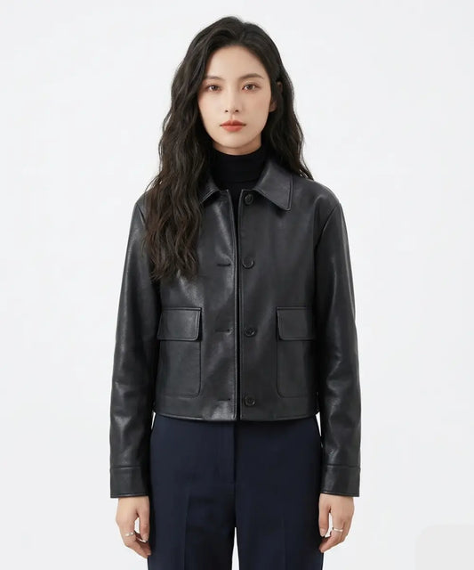 Women s Black Plain Biker LeatherBomber Jacket
