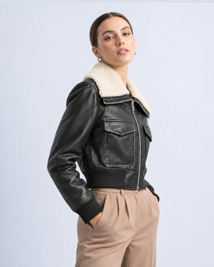 Women_s_Double-Faced_Sherpa_Lined_Shearling_Black_Leather_Flight_Cropped_Jacket_for_sale