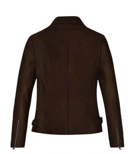 Women's Suede Biker Leather Bomber Jacket Dark Brown 