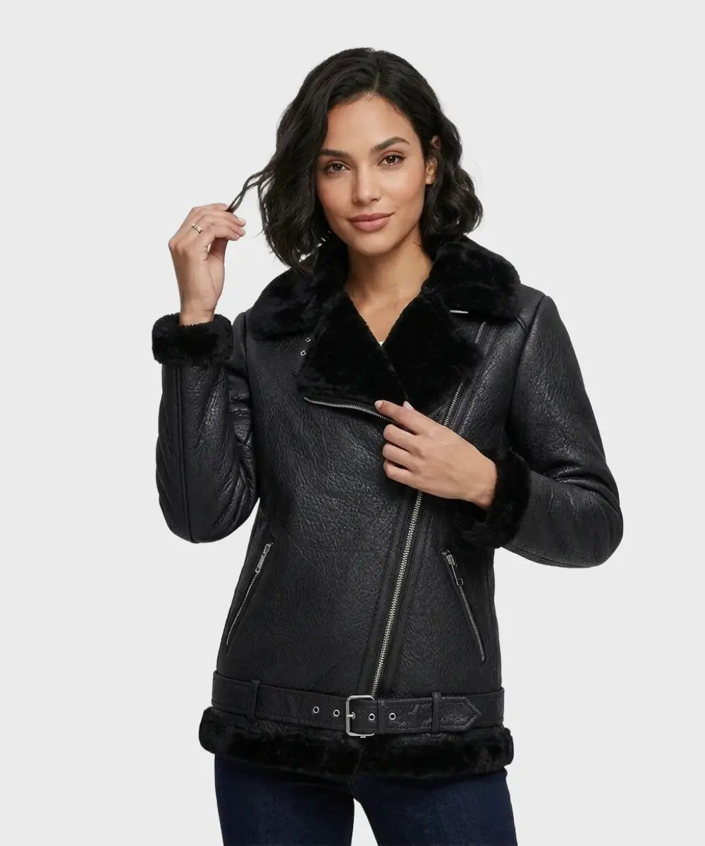 WomensAviatorBlackShearlingLeatherFlightedJacket