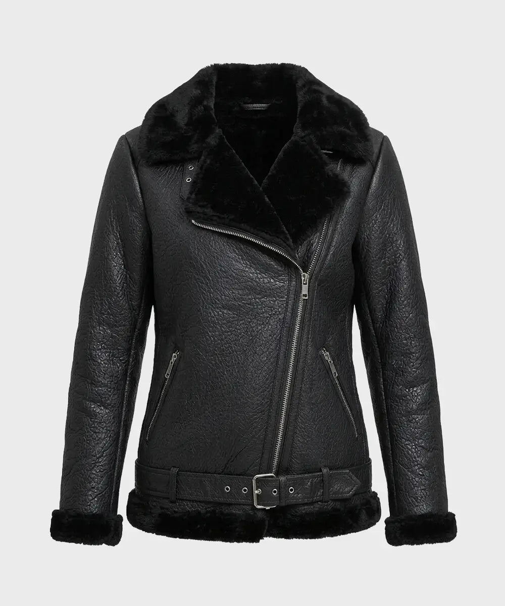 WomensBlackAviatorShearlingLeatherJacket