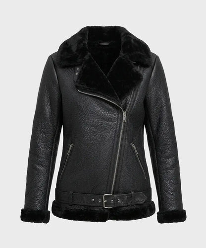WomensBlackAviatorShearlingLeatherJacket