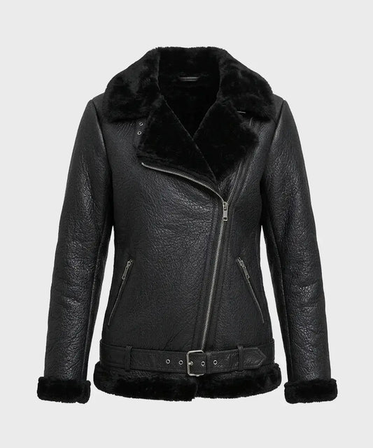 WomensBlackAviatorShearlingLeatherJacket