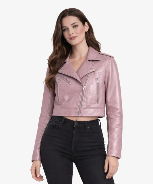 WomensBlushPinkCroppedBikerLeatherJacket