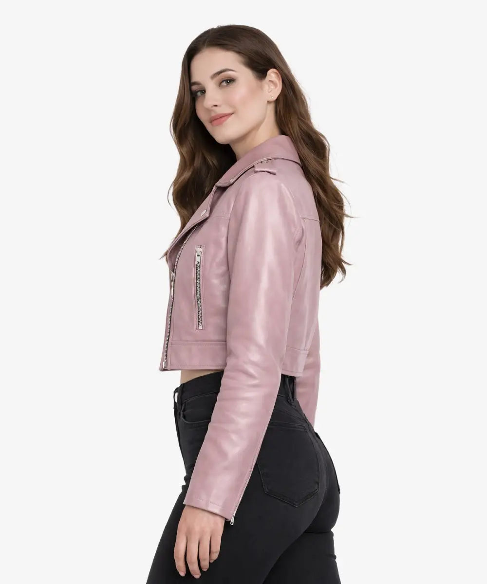 WomensBlushPinkCroppedLeatherJacket
