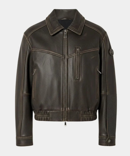 WomensDarkBrownDistressedOversizedLeatherBomberJacket