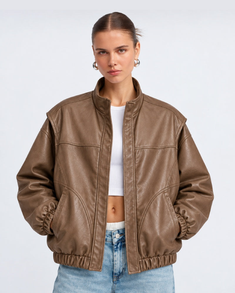 WomensFauxLeatherBomberJacketWithHighNeck