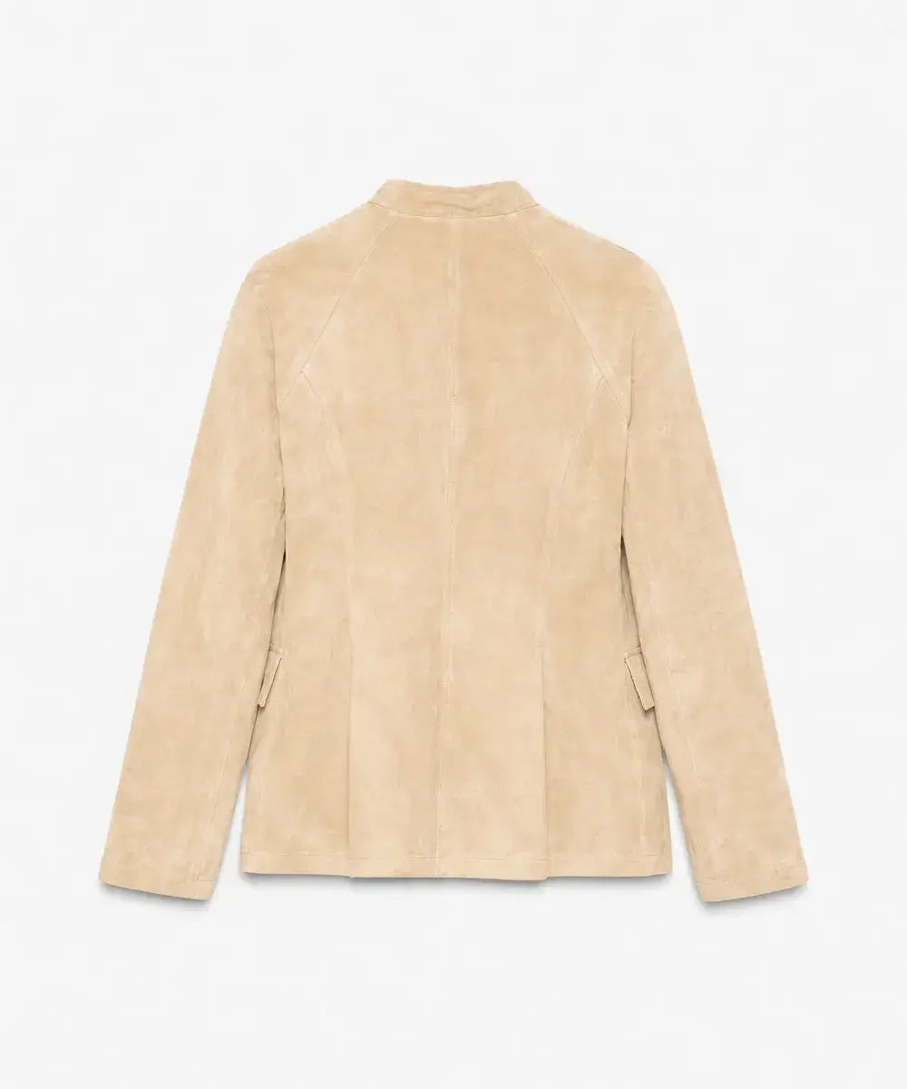 WomensFittedBeigeSuedeLeatherJacketHighNeckDoubleBreastedFit