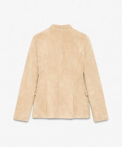 WomensFittedBeigeSuedeLeatherJacketHighNeckDoubleBreastedFit