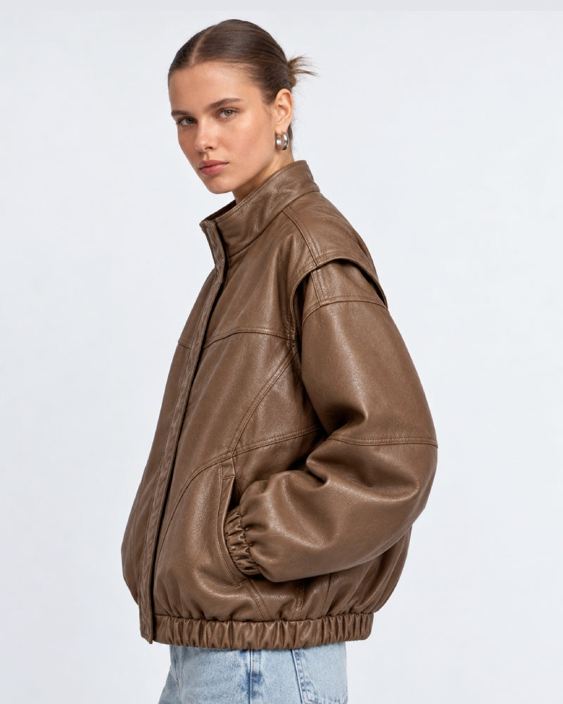 WomensLeatherBomberJacketWithHighNeck