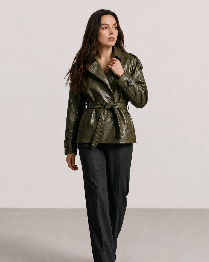 WomensShortGreenFauxLeatherTrenchCoat