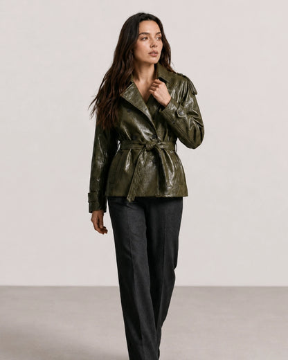 WomensShortGreenFauxLeatherTrenchCoat