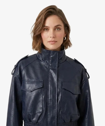 WomensShortLeatherEffectBlueJacket