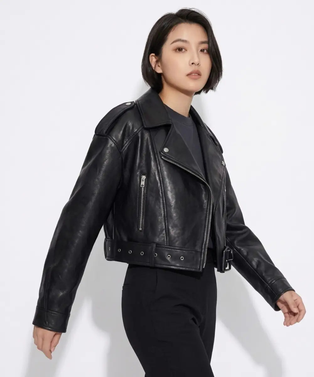 Womens Black Leather Biker Cropped Leather Jacket