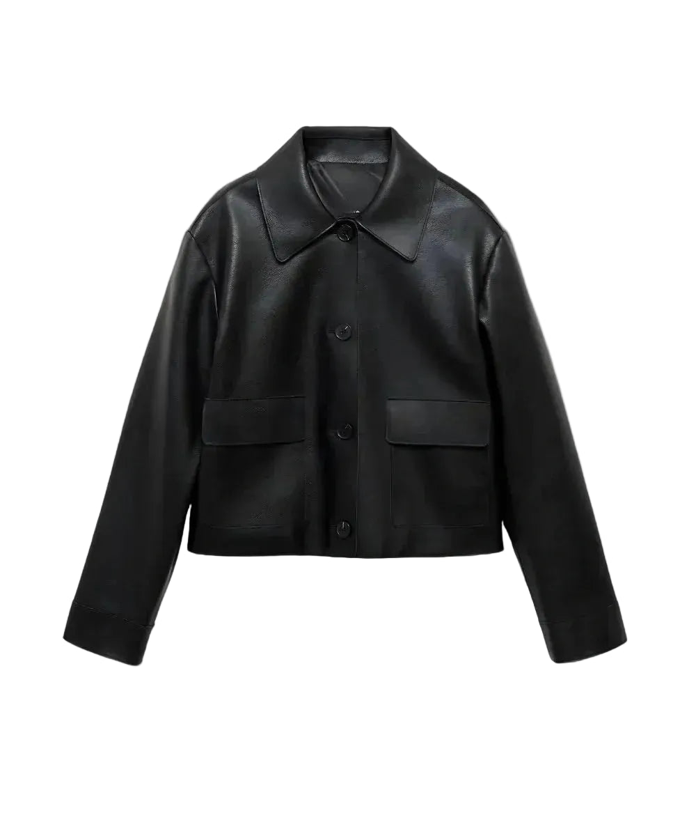 Womens Black Plain Biker Leather Bomber Jacket