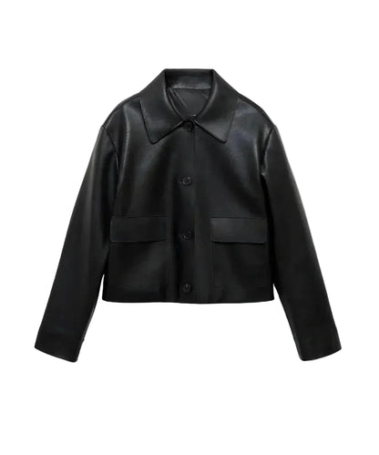 Womens Black Plain Biker Leather Bomber Jacket