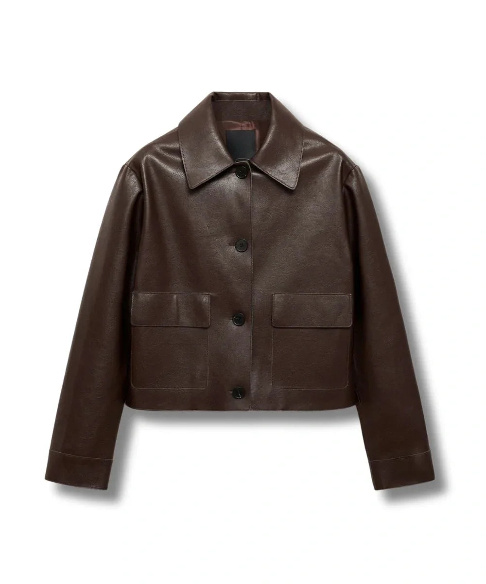 Womens Cropped Brown Leather Bomber Jacket