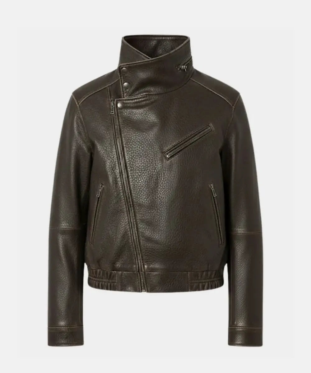 Dark Brown High Collar Leather Jacket for Women