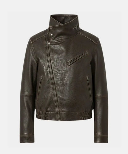 Dark Brown High Collar Leather Jacket for Women