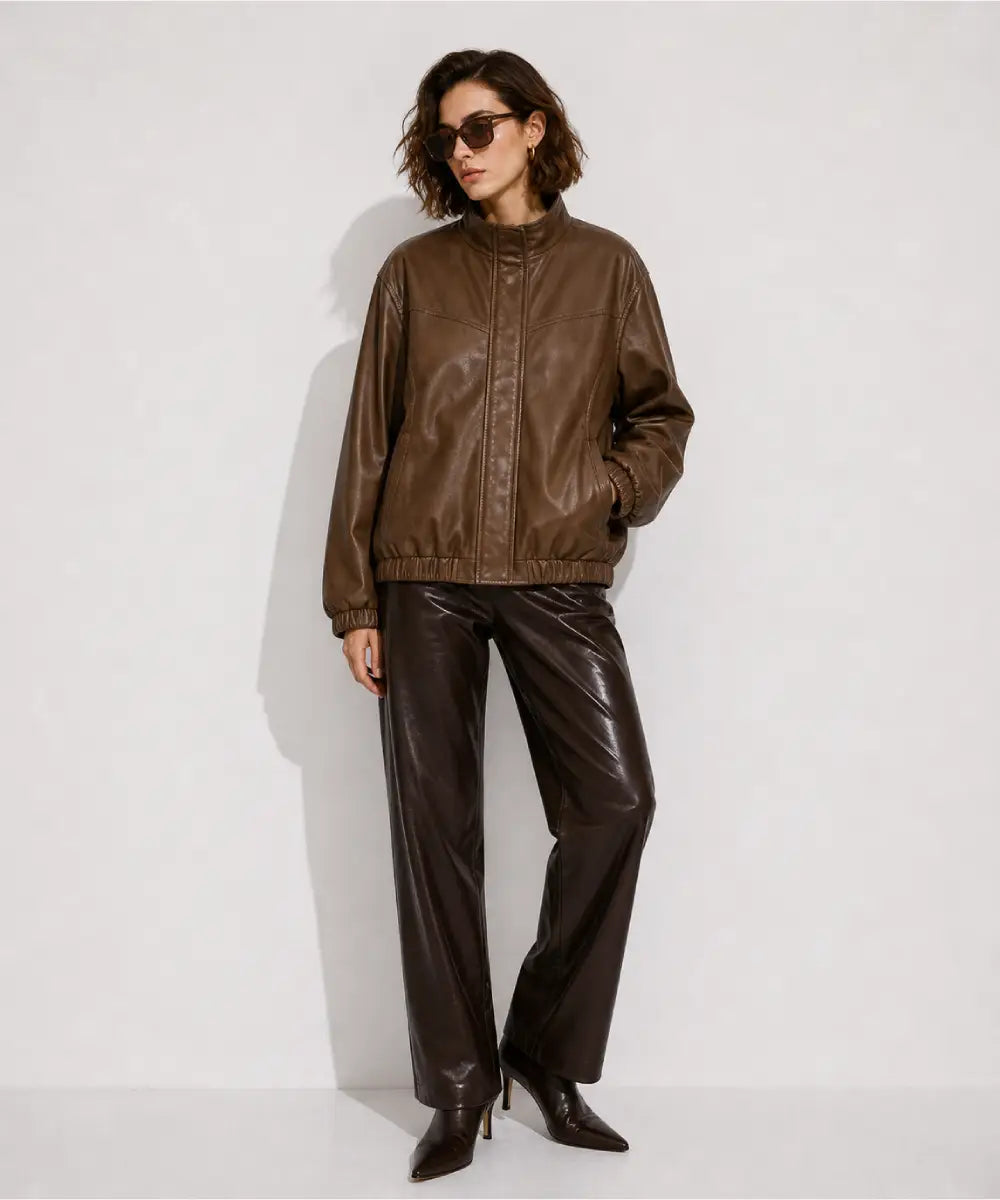 Womens Oversized Brown Faux Leather Jacket