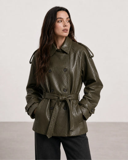 Womens ShortGreenFauxLeatherTrenchCoat