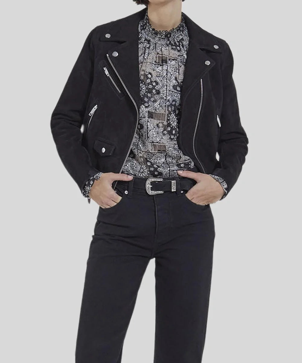 Womens Suede Biker Jacket Black