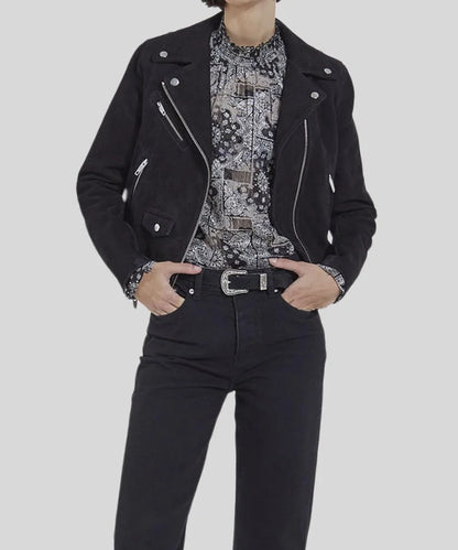 Womens Suede Biker Jacket Black