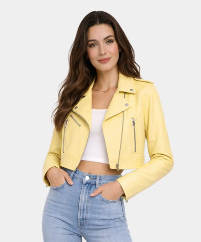 YellowLeatherCroppedBikerJacket