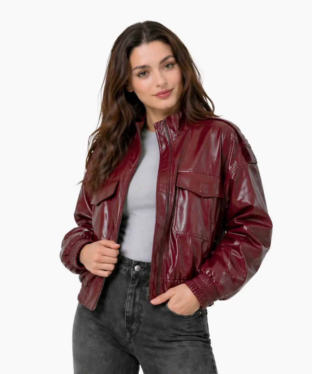 ZaraShortLeatherEffectJacket-Maroon