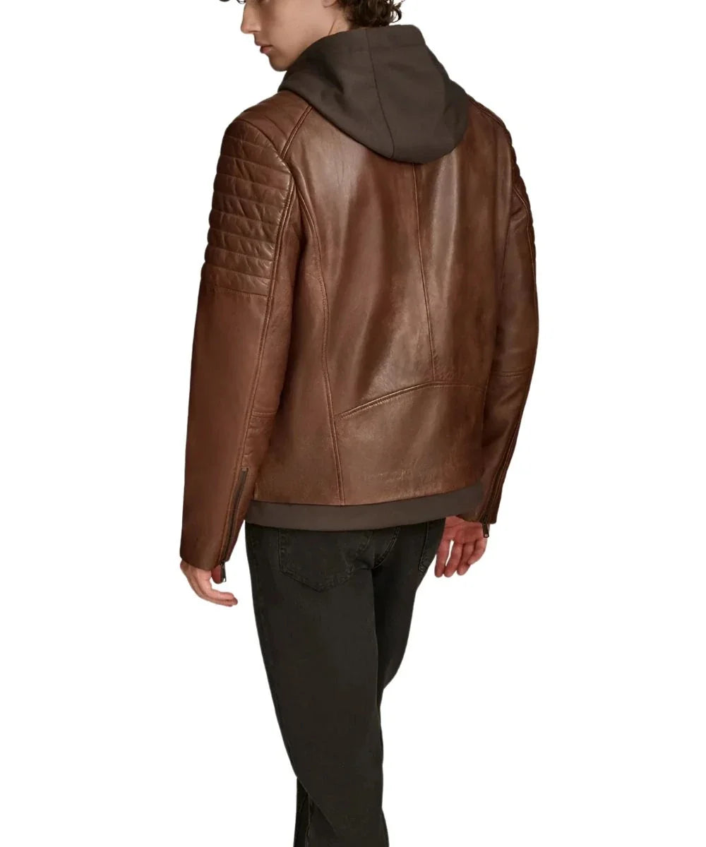 biker Brown leather jacket with hood