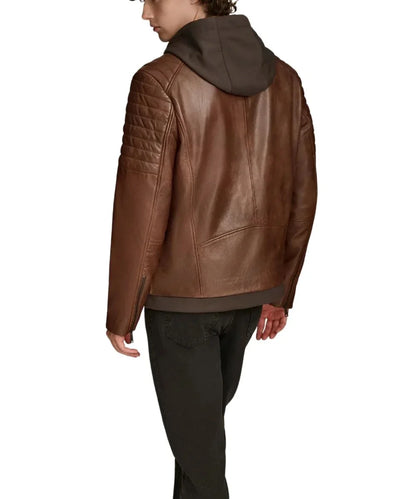 biker Brown leather jacket with hood